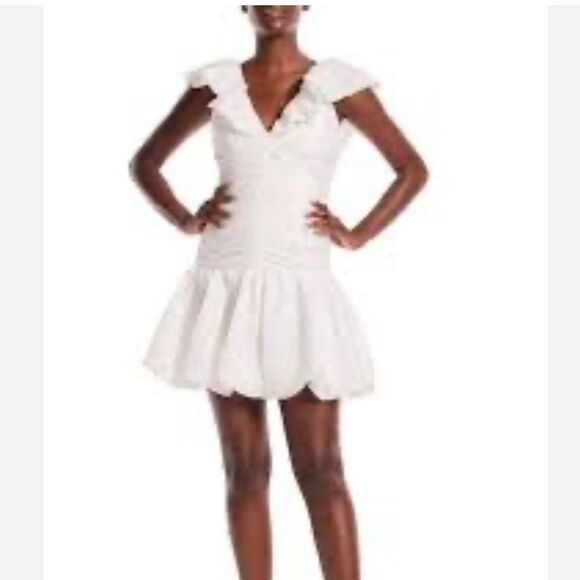 ML Monique Lhuillier  White Cocktail Party Dress with Puff Cap Sleeves - Picture 8 of 14